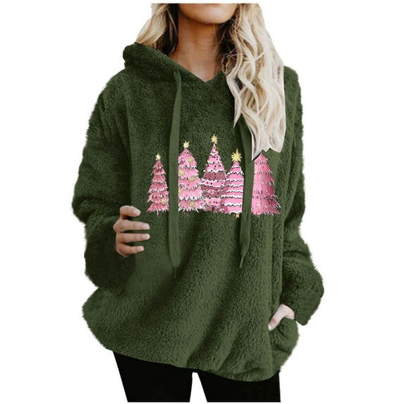 Maplenight Fleece Christmas Hoodies for Women Xmas Tree Graphic Long Sleeve Hooded Sweatshirts Drawstring Regular Fit Casual Thermal Tops for Fall Winter