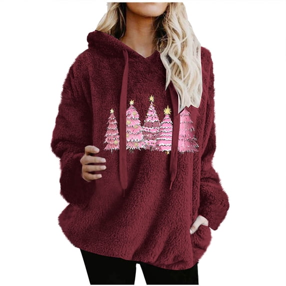 Maplenight Fleece Christmas Hoodies for Women Xmas Tree Graphic Long Sleeve Hooded Sweatshirts Drawstring Regular Fit Casual Thermal Tops for Fall Winter