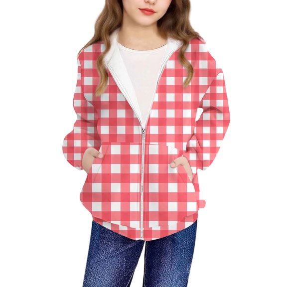 Maplenight Girls Sweatshirt Hoodies Full Zip Long Sleeve Trendy Hooded Jackets Plaid Color Block Casual Sweatshirts with Pocket
