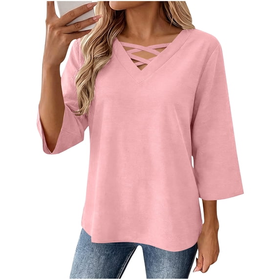Maplenight Going Out Tops for Women V Neck Criss Cross Front 3/4 Sleeve Shirts Casual Vacation Womens Fall Tops
