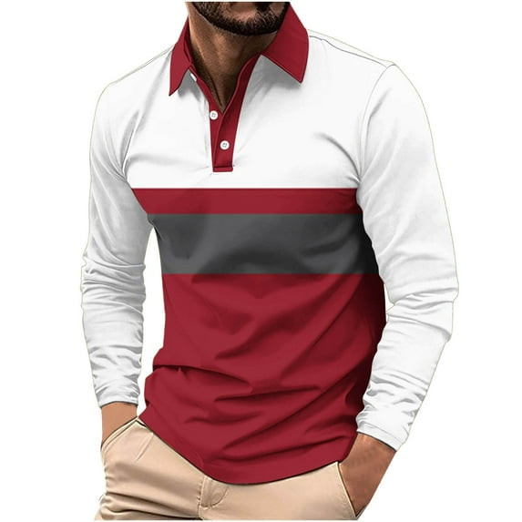 Maplenight Polo Shirts for Men Button Lapel Long Sleeve Pullover Trendy Shirt Block Color Relaxed Fit Casual Business Tops for Men
