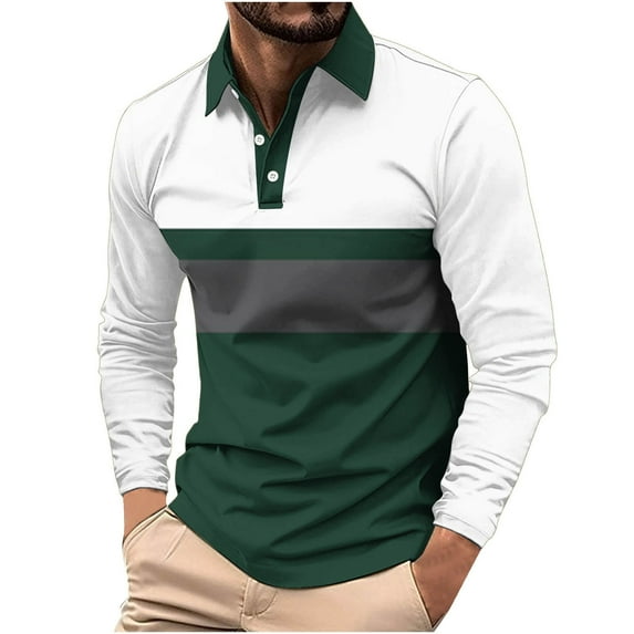 Maplenight Polo Shirts for Men Button Lapel Long Sleeve Pullover Trendy Shirt Block Color Relaxed Fit Casual Business Tops for Men