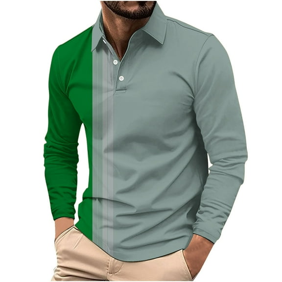 Maplenight Polo Shirts for Men Button Lapel Long Sleeve Pullover Trendy Shirt Striped Relaxed Fit Casual Business Tops for Men
