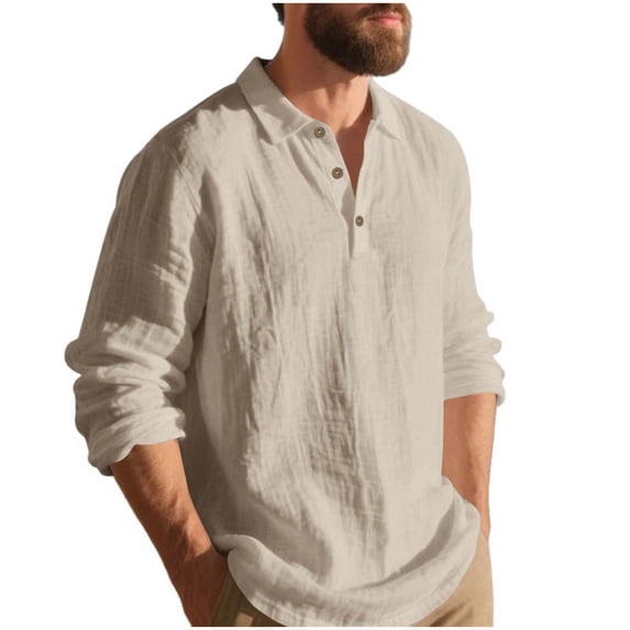 Maplenight Polo Shirts for Men Linen Lapel Long Sleeve Pullover Tops Summer Fall Beach Vacation Comfy Work Formal Wear