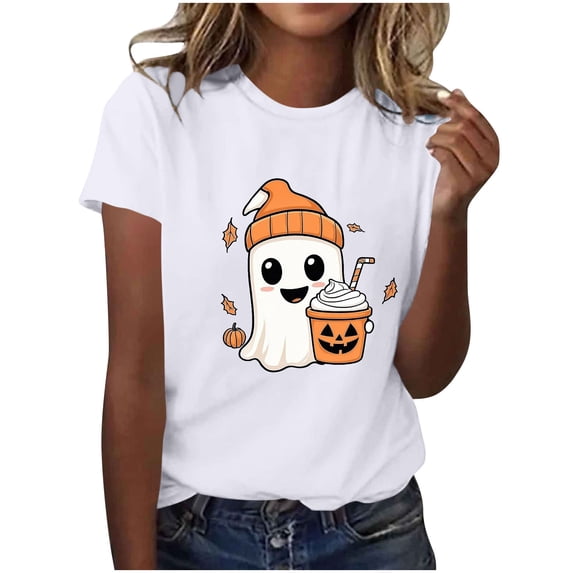 Maplenight Halloween Shirts for Women Cute Ghost Pumpkin Print Halloween Graphic Tee Shirt Short Sleeve Crew Neck Casual Holiday Tees