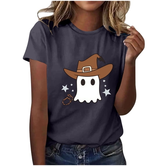 Maplenight Halloween Shirts for Women Cute Ghost Pumpkin Print Halloween Graphic Tee Shirt Short Sleeve Crew Neck Casual Holiday Tees