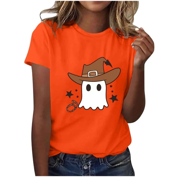 Maplenight Halloween Shirts for Women Cute Ghost Pumpkin Print Halloween Graphic Tee Shirt Short Sleeve Crew Neck Casual Holiday Tees