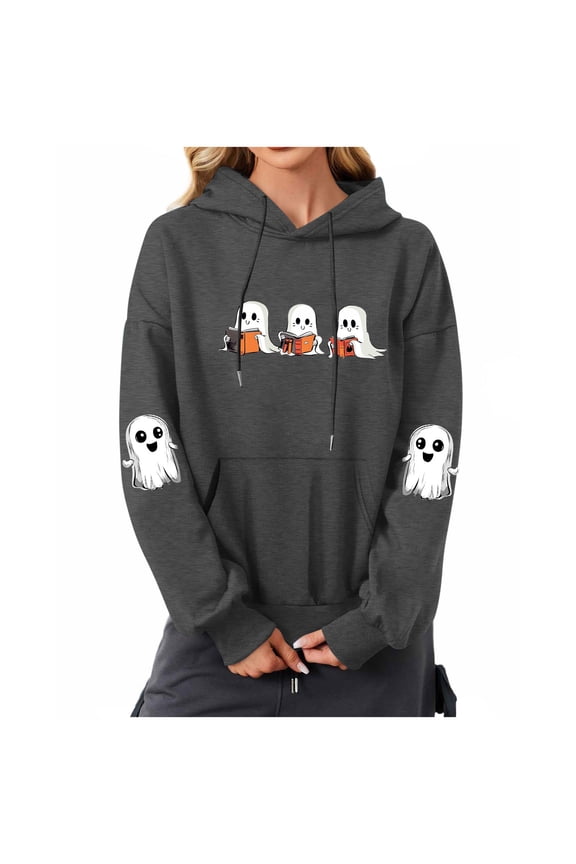 Halloween Sweatshirt Hoodies for Women Funny Ghost Reading Books Graphic Long Sleeve Pullover Womens Tops with Pocket
