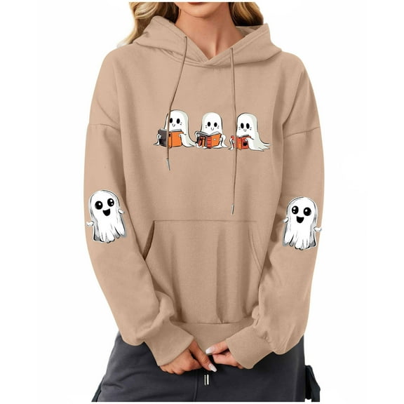 Maplenight Halloween Sweatshirt Hoodies for Women Funny Ghost Reading Books Graphic Long Sleeve Pullover Womens Tops with Pocket
