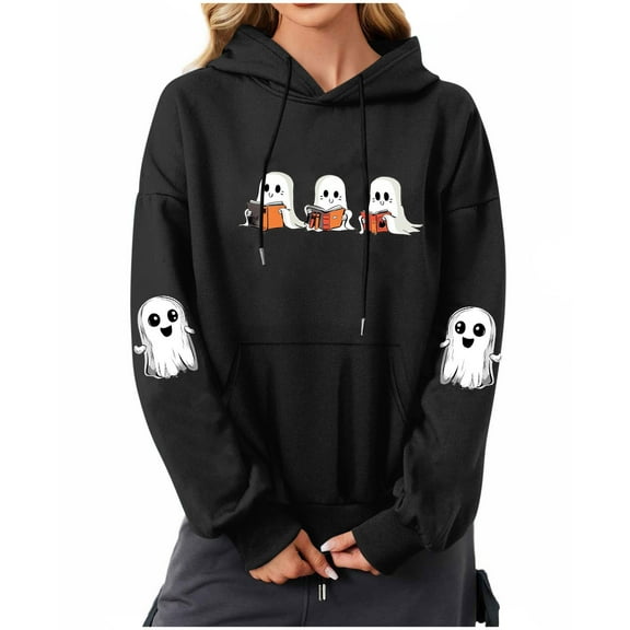 Maplenight Halloween Sweatshirt Hoodies for Women Funny Ghost Reading Books Graphic Long Sleeve Pullover Womens Tops with Pocket
