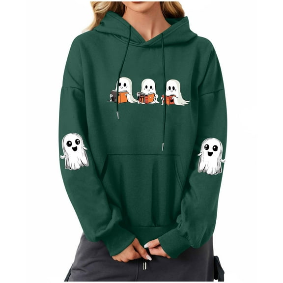 Maplenight Halloween Sweatshirt Hoodies for Women Funny Ghost Reading Books Graphic Long Sleeve Pullover Womens Tops with Pocket