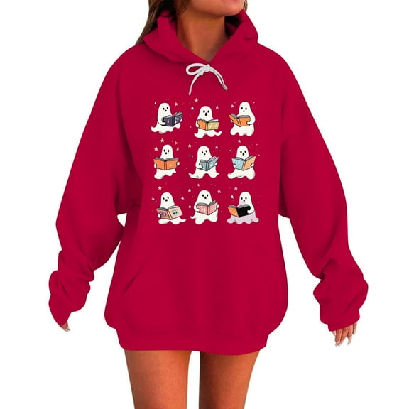 Maplenight Halloween Sweatshirt Hoodies for Women Ghost Reading Books Graphic Long Sleeve Hooded Womens Tops with Pocket