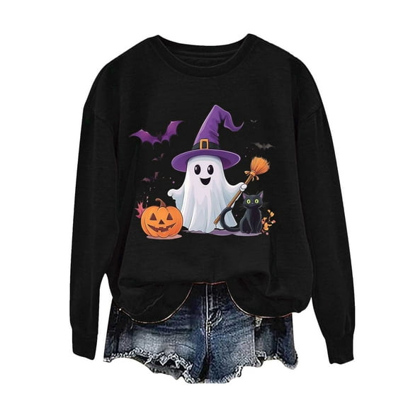 Maplenight Halloween Sweatshirt for Women Funny Ghost Pumpkin Graphic Long Sleeve Crew Neck Pullover Womens Tops for Fall Winter