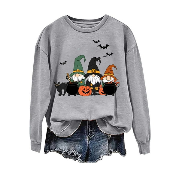 Maplenight Halloween Sweatshirt for Women Gnome Pumpkin Graphic Long Sleeve Crew Neck Pullover Womens Tops for Fall Winter