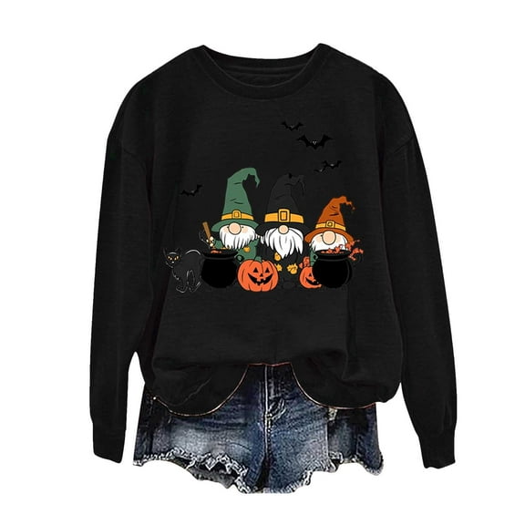 Maplenight Halloween Sweatshirt for Women Gnome Pumpkin Graphic Long Sleeve Crew Neck Pullover Womens Tops for Fall Winter