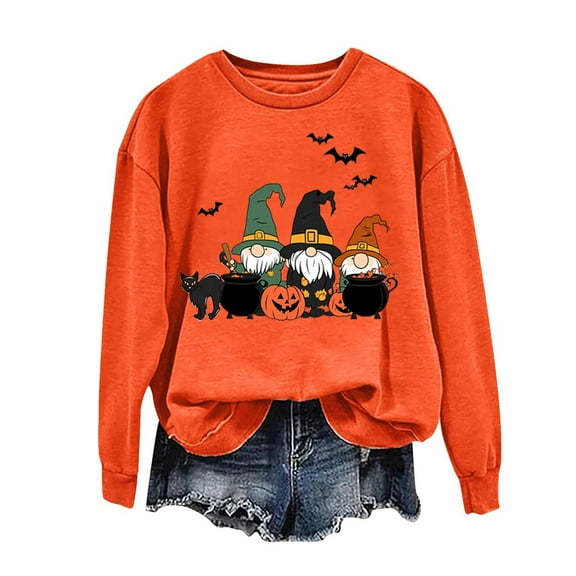 Maplenight Halloween Sweatshirt for Women Gnome Pumpkin Graphic Long Sleeve Crew Neck Pullover Womens Tops for Fall Winter