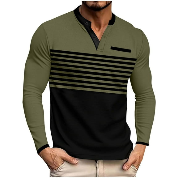 Maplenight Henley Shirts for Men Long Sleeve Button Trendy Shirts Fall Winter Block Color Slim Vacation Casual Pullover Tops