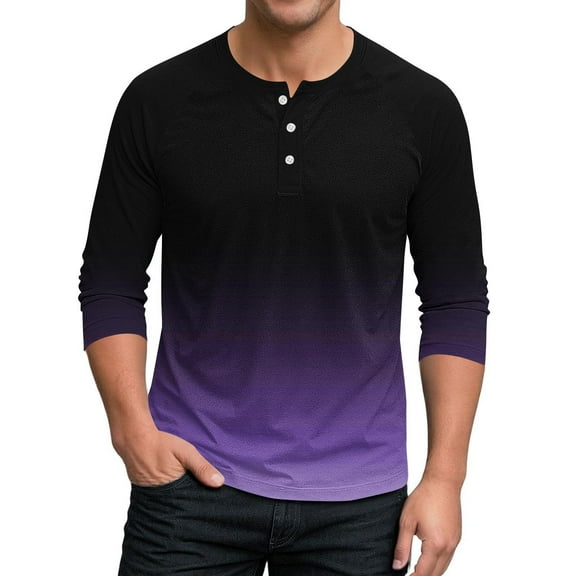 Maplenight Henley Shirts for Men Long Sleeve Button Trendy Shirts Gradient Color Relaxed Fit Casual Pullover Tops for Fall Winter