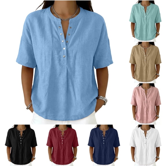 Maplenight Henley Shirts for Women Cotton Short Sleeve Blouses Button Relaxed Fit Casual Vacation Wear Summer Tops