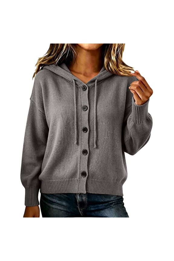 Hooded Cardigans for Women Button Down Knit Sweater Long Sleeve Drawstring Casual Fall Lightweight Sweaters