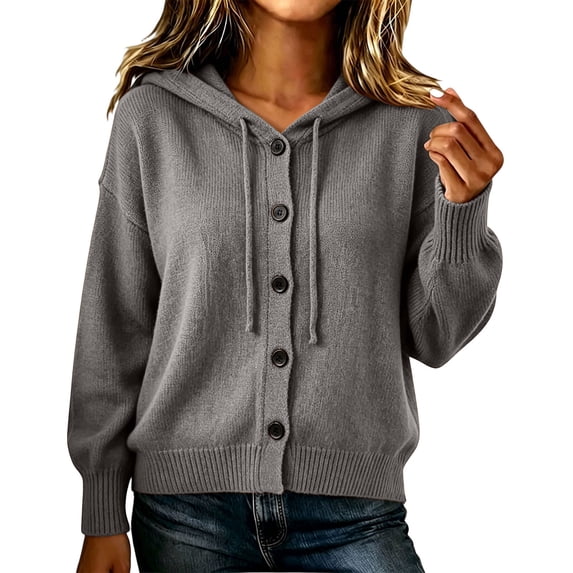Maplenight Hooded Cardigans for Women Button Down Knit Sweater Long Sleeve Drawstring Casual Fall Lightweight Sweaters