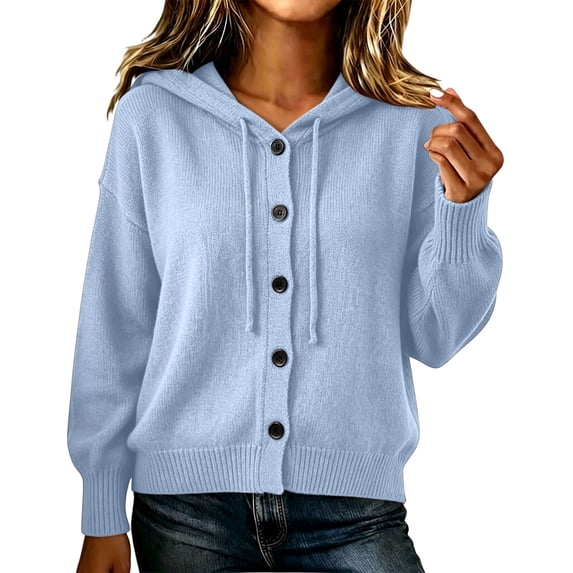 Maplenight Hooded Cardigans for Women Button Down Knit Sweater Long Sleeve Drawstring Casual Fall Lightweight Sweaters