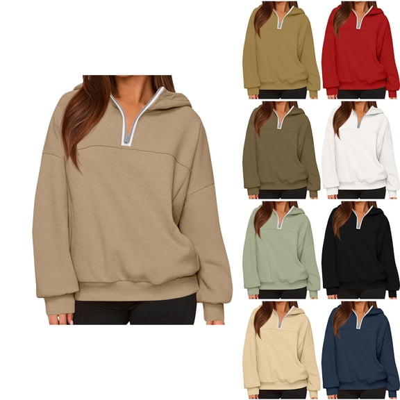 Maplenight Hooded Sweatshirts for Women Casual Quarter Zip Hoodies Fall Winter Relaxed Fit Long Sleeve Pullover Sweatshirt