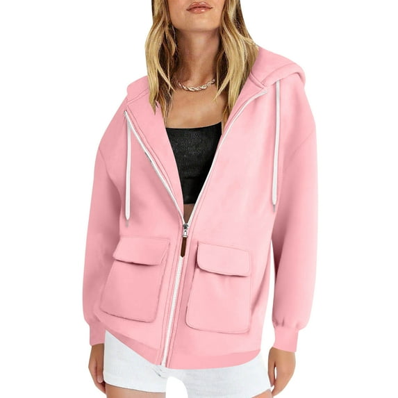 Maplenight Hooded Sweatshirts for Women Casual Zip Up Hoodies with Pockets Solid Relaxed Fit Long Sleeve Sweatshirt for Fall Winter