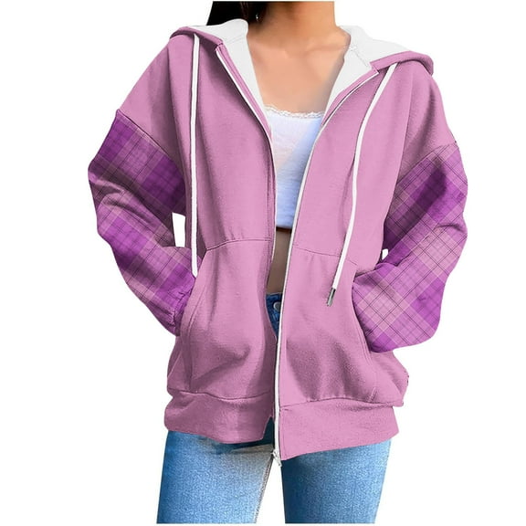 Maplenight Hoodies for Women Drawstring Zip Up Trendy Sweatshirts Casual Relaxed Fit Plaid Sleeve Sweatshirts for Fall Winter