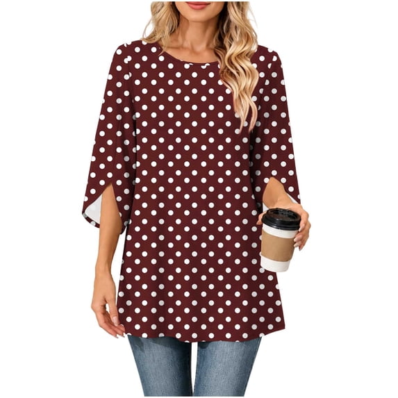 Maplenight Long Blouses for Women Slit 3/4 Sleeve Polka Dot Tunic Tops Relaxed Fit Business Office Dressy Blouses