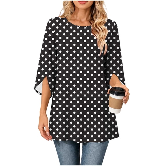 Maplenight Long Blouses for Women Slit 3/4 Sleeve Polka Dot Tunic Tops Relaxed Fit Business Office Dressy Blouses