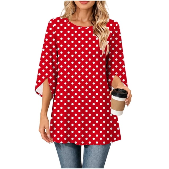 Maplenight Long Blouses for Women Slit 3/4 Sleeve Polka Dot Tunic Tops Relaxed Fit Business Office Dressy Blouses