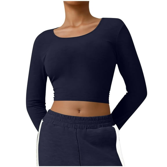 Maplenight Long Sleeve Crop Tops for Women Workout Basic Clothes for Ladies Slim Fitted Scoop Neck Cute Yoga Shirts