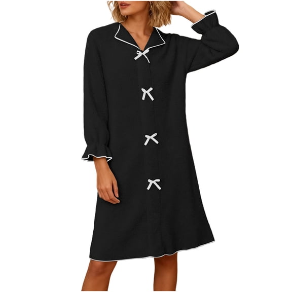 Maplenight Long Sleeve Nightgowns for Women Soft Warm Fleece Sleepwear Knee Length Sleepwear Fall Winter Nightshirts