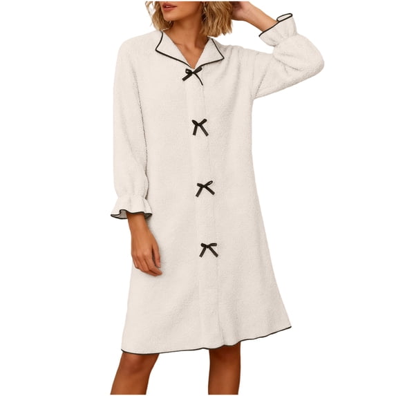 Maplenight Long Sleeve Nightgowns for Women Soft Warm Fleece Sleepwear Knee Length Sleepwear Fall Winter Nightshirts