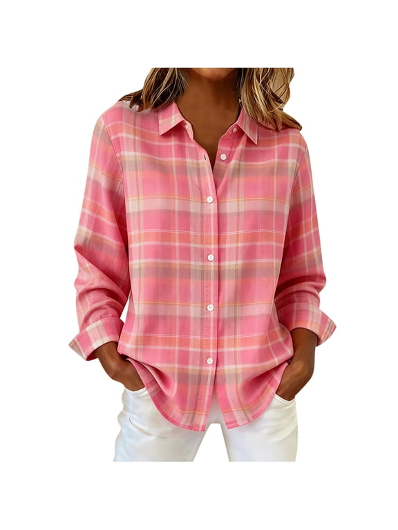 Long Sleeve Plaid Shirts for Women Business Casual Button Down Shirt Ladies Holiday Tops