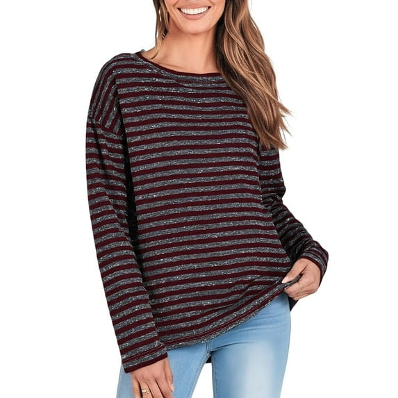 Maplenight Long Sleeve Shirts for Women Casual Striped Pullover Color Block Crew Neck Tunic Tops