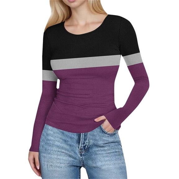 Maplenight Long Sleeve Shirts for Women Crew Neck Ribbed Knit Tops Fitted Thermal Undershirt Color Block Soft Layering Tees