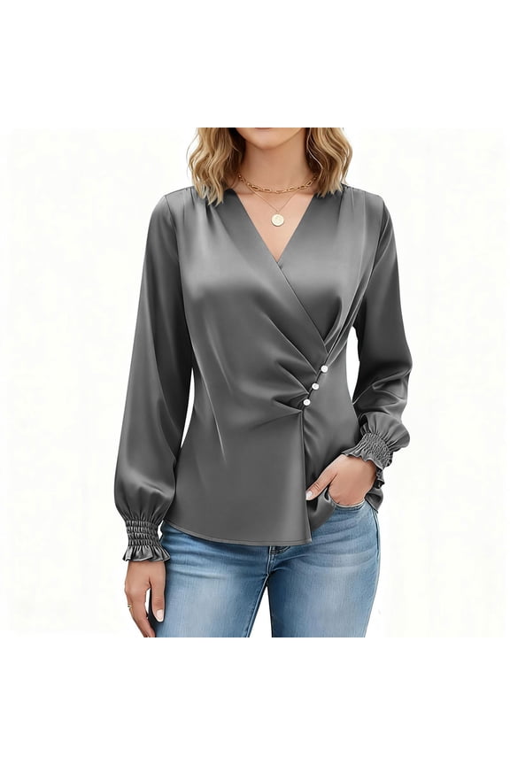 Long Sleeve Shirts for Women Dressy Casual Pleated Wrap Tops Office Work Blouse Fall Business Outfits