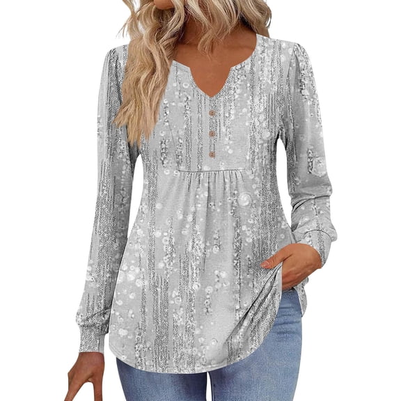Maplenight Long Sleeve Shirts for Women Henley V Neck Tunic Tops Business Casual Loose Fit Floral Blouses Fall Fashion Outfits