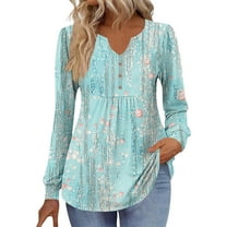 Maplenight Long Sleeve Shirts for Women Henley V Neck Tunic Tops Business Casual Loose Fit Floral Blouses Fall Fashion Outfits