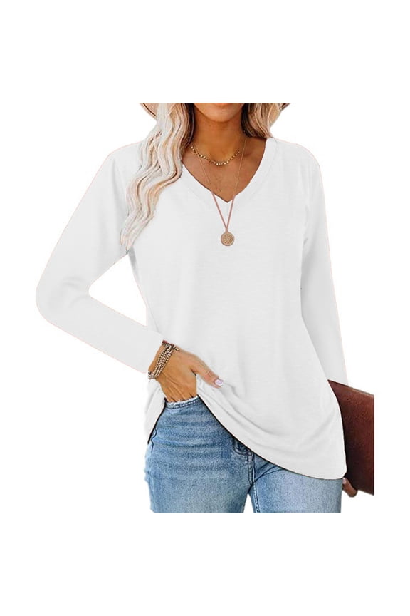 Long Sleeve Shirts for Women V-Neck Casual Tunic Tops Basic Loose Fit T Shirts
