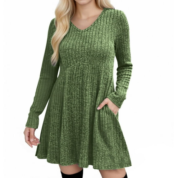 Maplenight Long Sleeve Sweater Dress for Women Casual Ribbed Knit Fall Dress V Neck Empire Waist Midi Dresses