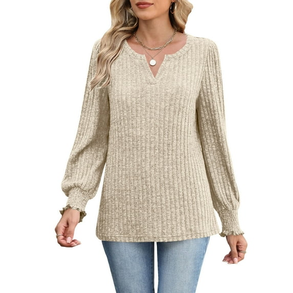 Maplenight Long Sleeve T Shirts for Women Casual V-Neck Knit Shirts Regular Fit Comfy Pullover Tops