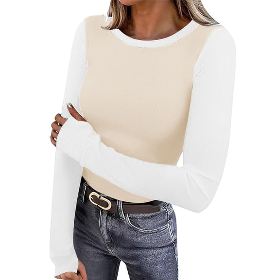 Maplenight Long Sleeve Thermal Shirt for Women Slim Fit Basic Tops Casual Crewneck Knit Ribbed T Shirts with Thumb Holes