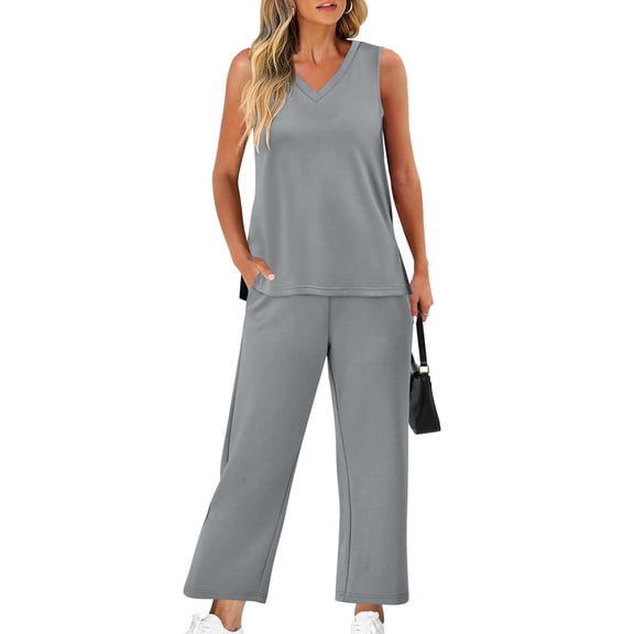 Maplenight Lounge Sets for Women 2 Piece Outfits Sleeveless V-Neck Tank Tops & Wide Leg Pants Set Travel Vacation Outfits for Women