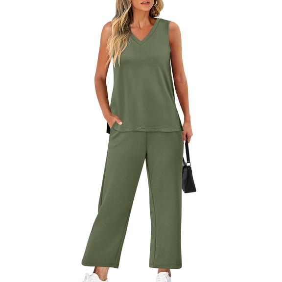 Maplenight Lounge Sets for Women 2 Piece Outfits Sleeveless V-Neck Tank Tops & Wide Leg Pants Set Travel Vacation Outfits for Women