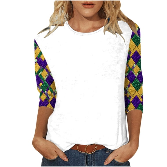Maplenight Mardi Gras Shirts for Women 3/4 Length Sleeve Tops Funny Graphic Cute Crew Neck Holiday T-Shirts