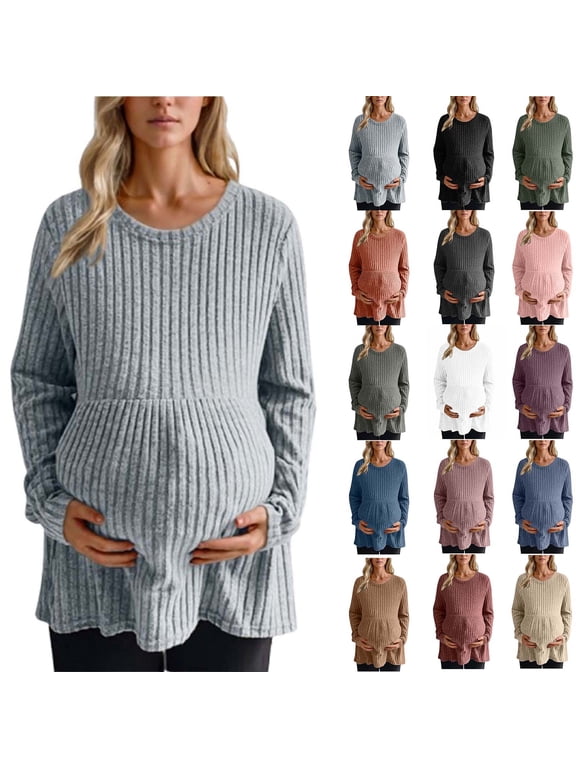 Maternity Tops for Women Long Sleeve Pregnancy Tunic Blouses Crew Neck Ribbed Knit Sweaters Fall Pregnant Clothes