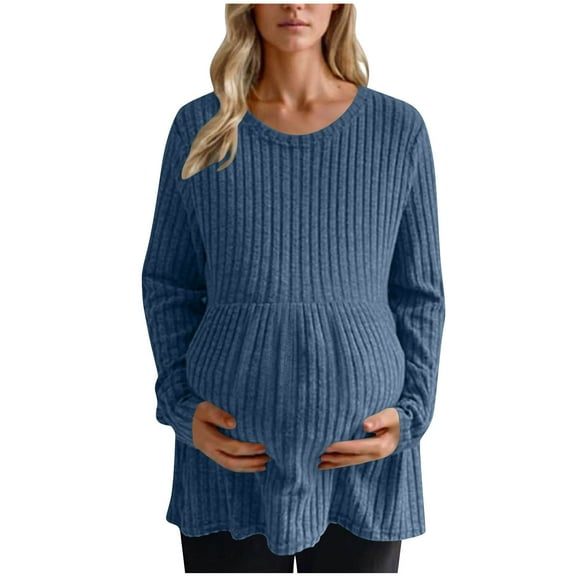 Maplenight Maternity Tops for Women Long Sleeve Pregnancy Tunic Blouses Crew Neck Ribbed Knit Sweaters Fall Pregnant Clothes